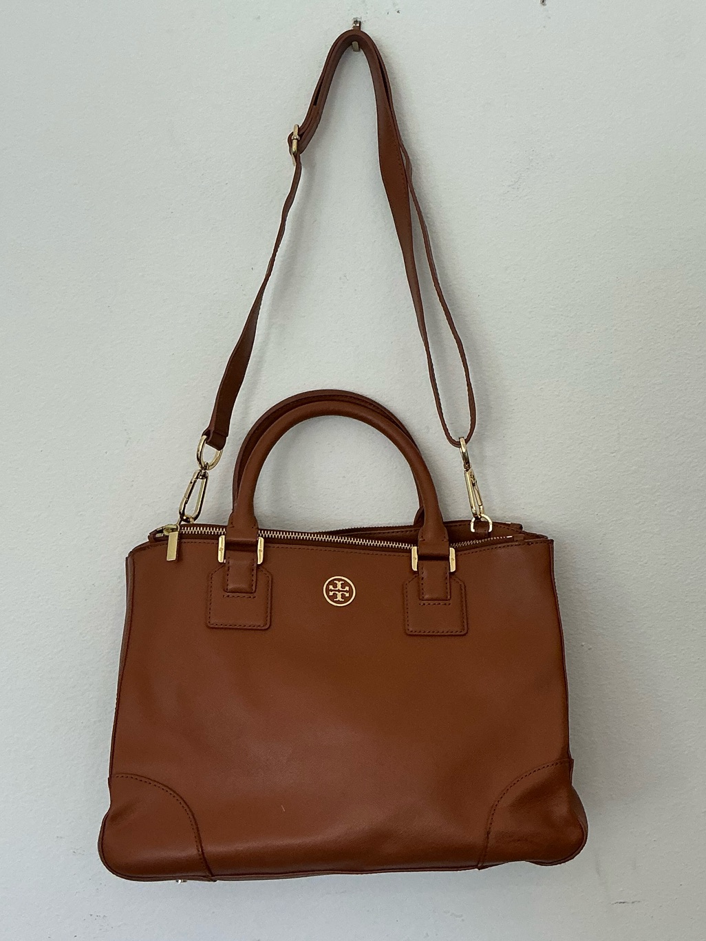 Tory Burch Robinson Double Zip Tote Tan Leather Satchel Crossbody Bag